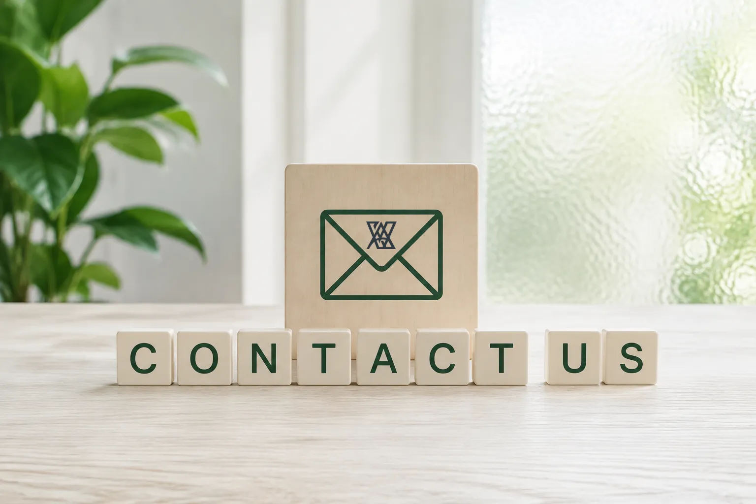 Cream tiles spelling Contact Us beside a green envelope symbol on pale wood.