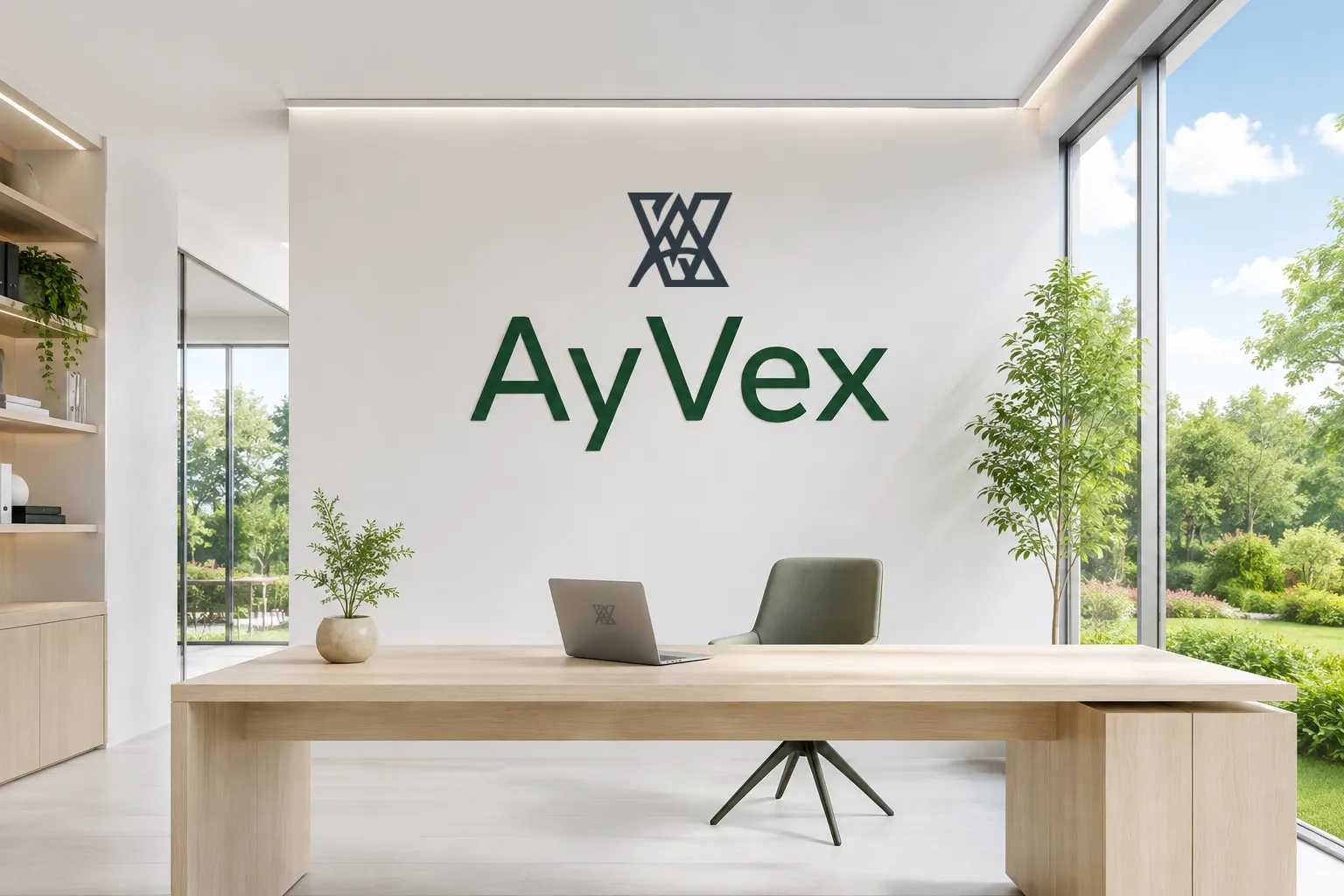 The AyVex mark and wordmark on a studio wall, above a desk with a branded laptop.