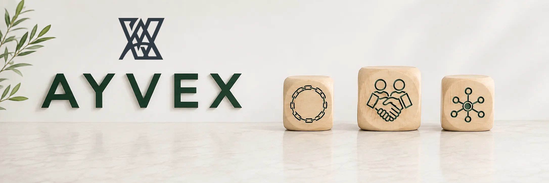 The AyVex mark above AYVEX lettering on a studio wall, beside wooden blocks showing a chain, a handshake and a network.