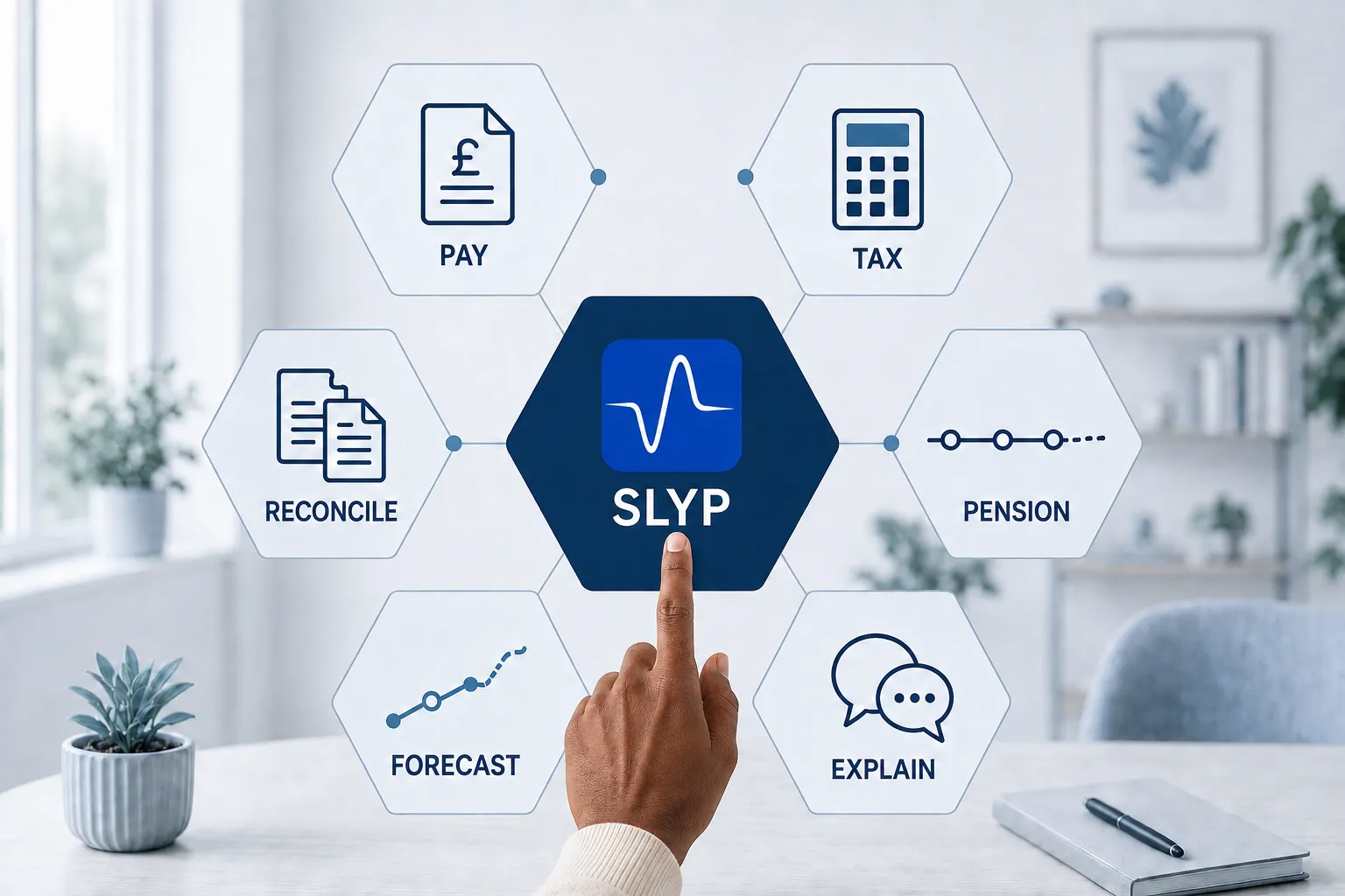 SLYP connects pay, tax, pension, reconciliation, forecasting and explanations — a concept for the product in development.